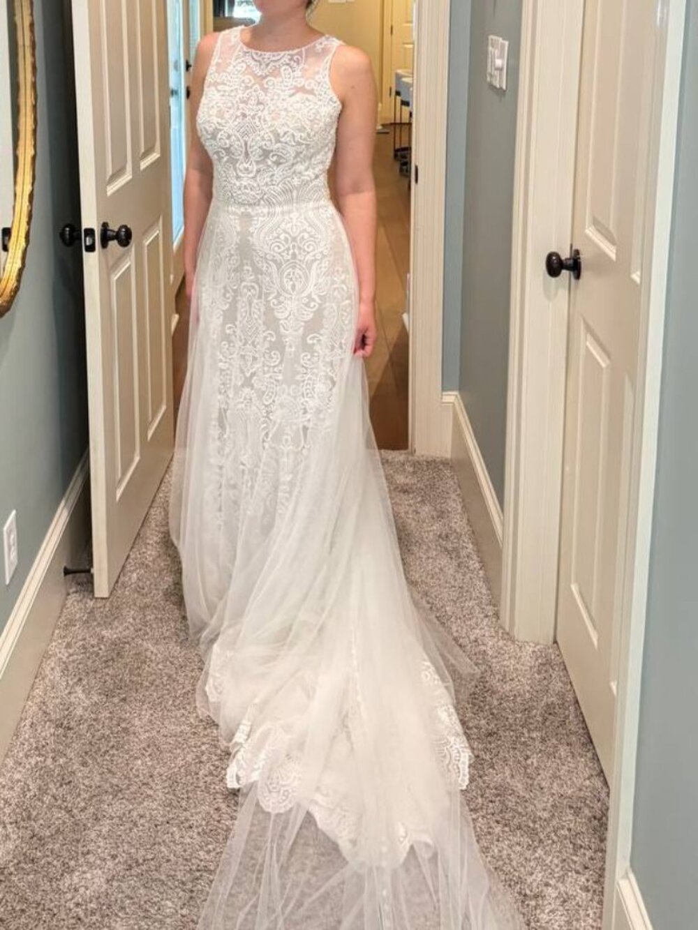 Allure High Neck Plunge Beaded Sheath Lace Wedding Dress Tulle Overskirt